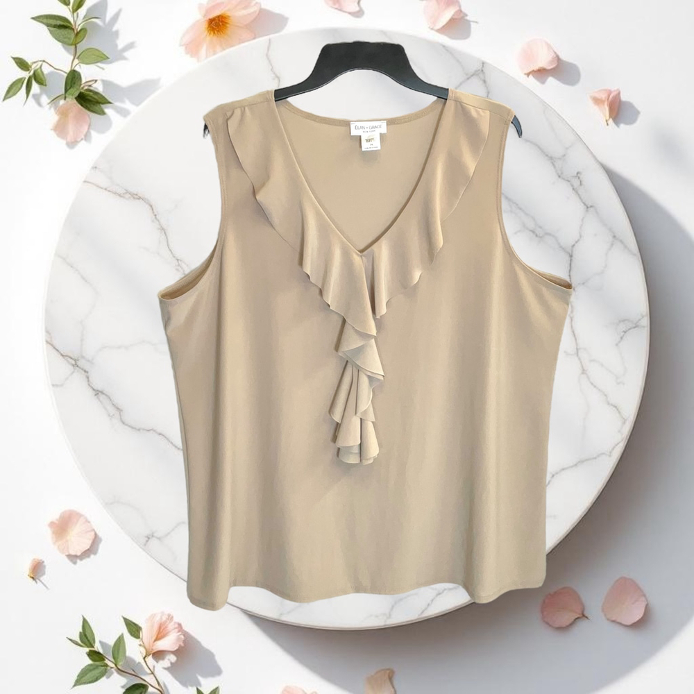 Elan & Grace NWT Tan Sleeveless Blouse w Ruffle Neckline/Front Women 3X